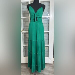 Justify Maxi Dress Women M Green Tie Front Tiered Adjustable Straps Smocked Back